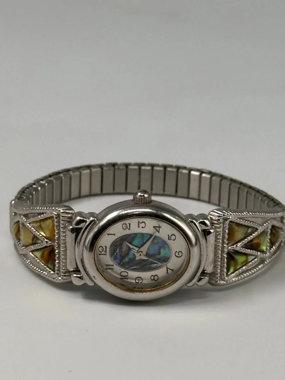 Boca Classics Watch Women Silver Tone Abalone Stretch Band New Battery 6.25